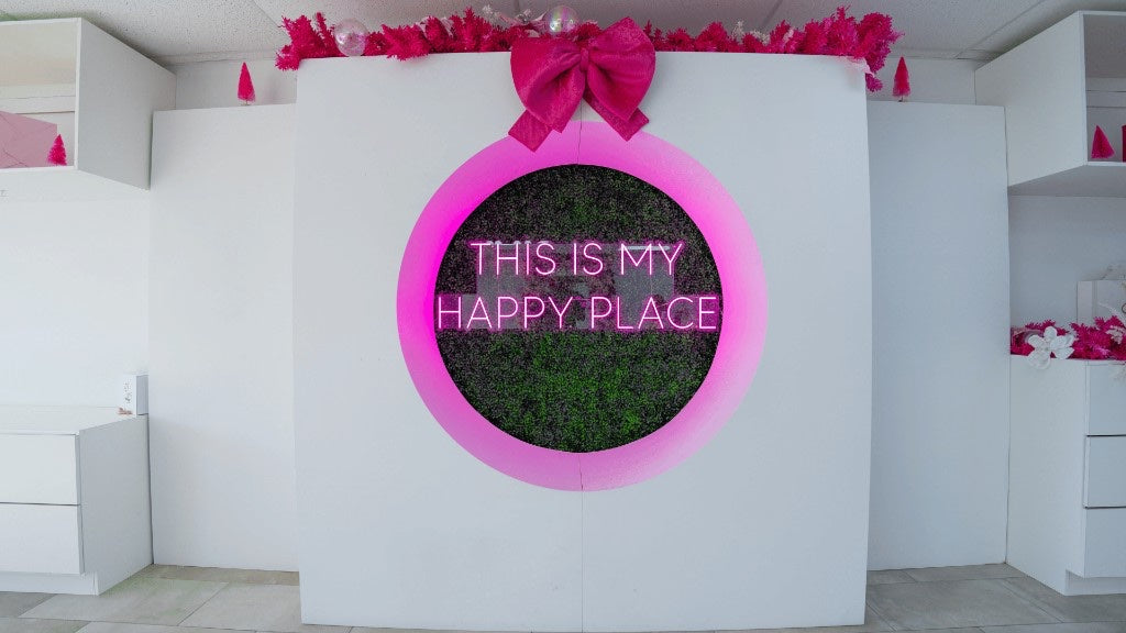 Happy Place neon photo wall at She's Happy Hair Houston North